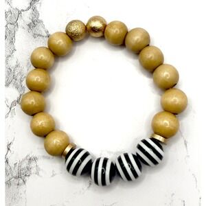 Unique Tan Beaded Stretch Bracelet Black White Stripe Accent Gold Glitter Beads